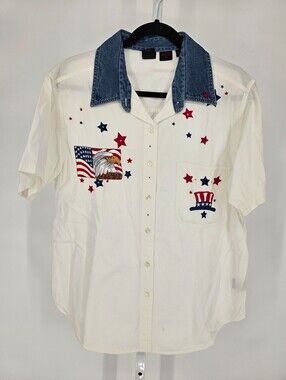 Quizz Woman Sz 16 Short Sleeve Button Up Shirt Embroidered Patriotic USA Eagle